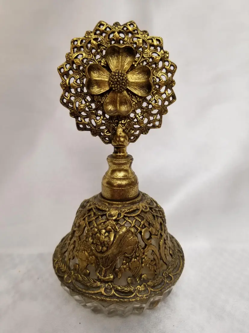 #153 Vintage Ormolu Filigree & Dogwood Flower Perfume Bottle