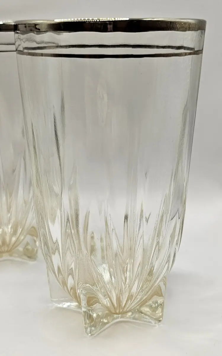 Set of 4 Federal Clear Glass Star Bottom Silver Rim Iced Tea Glasses