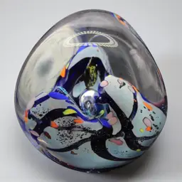 Rollin Karg Signed Dichroic Art Glass Paperweight Cobalt Studio Sculpture Swirl 3 1/2” Tall