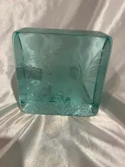 Vintage Glass Etched Fish Design Paperweight Block ?Czech glass