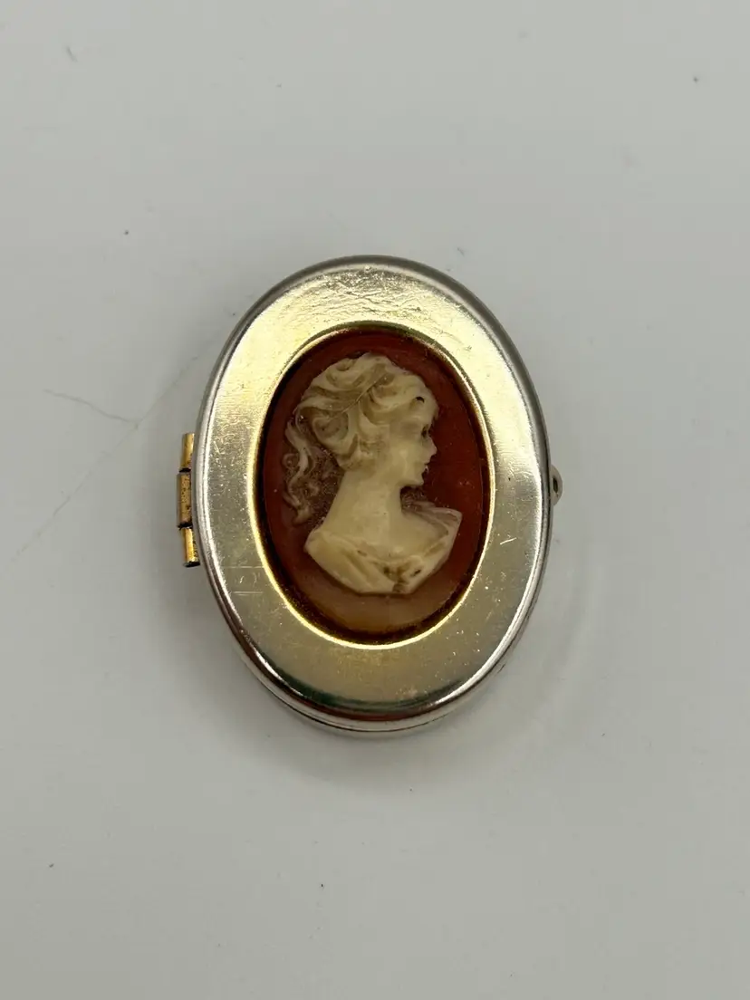Vintage Blue Cameo Lady Small Trinket Jewelry Pill Box Gold Tone MCM Modern