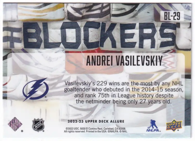 2022-23 Upper Deck Allure Blockers #BL29 Andrei Vasilevskiy Tampa Bay Lightning Hockey Card