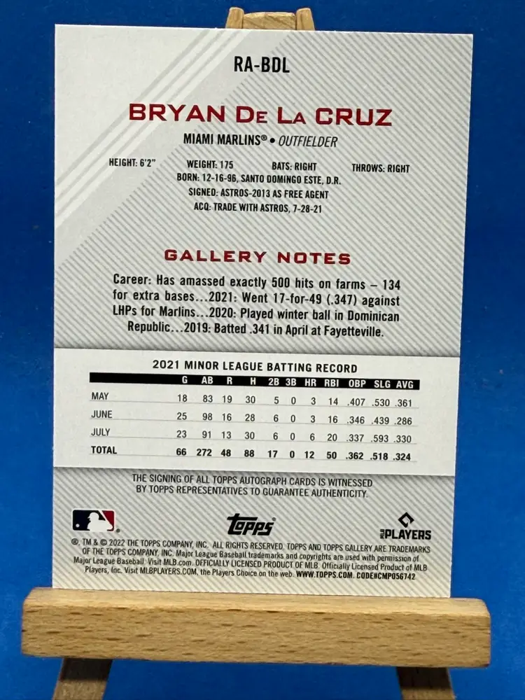 2022 Topps Gallery Bryan De La Cruz RC Red Ink Auto Miami Marlins A81