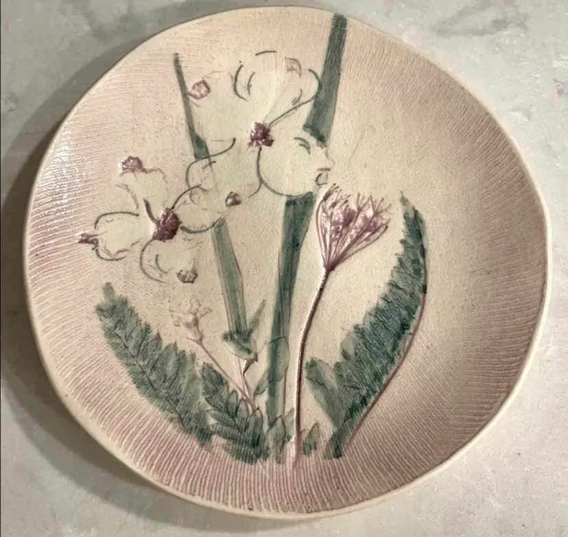 Vintage Studio Pottery Art, Artist Signed, Floral/Foliage Pressed Plate/Trinket Dish in Pinks/Lavender/Green