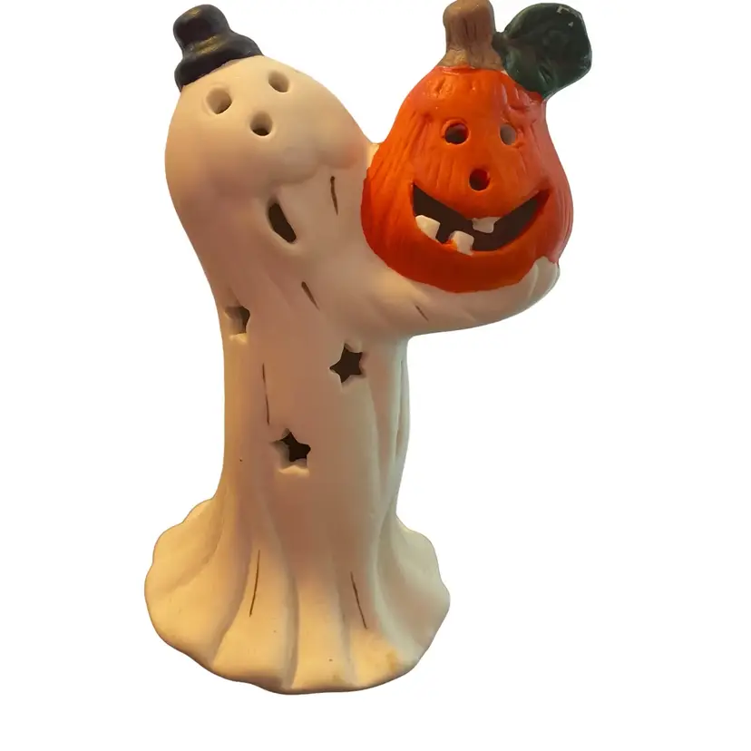 HALLOWEEN CERAMIC GHOST HOLDING JACK O LANTERN FIGURINE CUTE