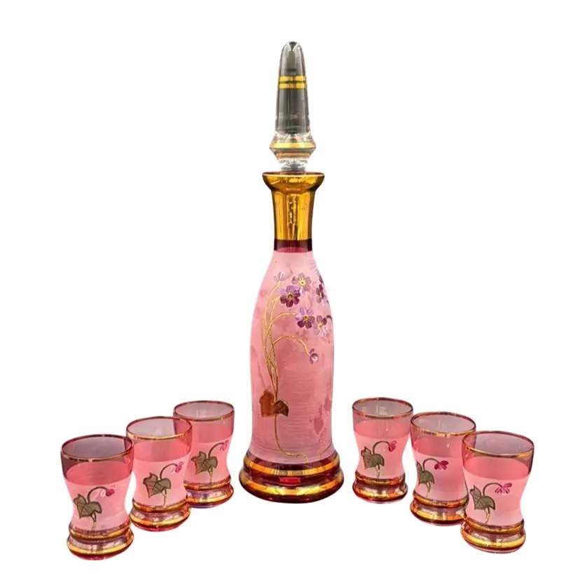 #02 Vintage Bohemian Decanter Set Czech MCM Cranberry Glass With with gold trim Some Satin Finish Flower And Leaf Art Hand Painted Czech