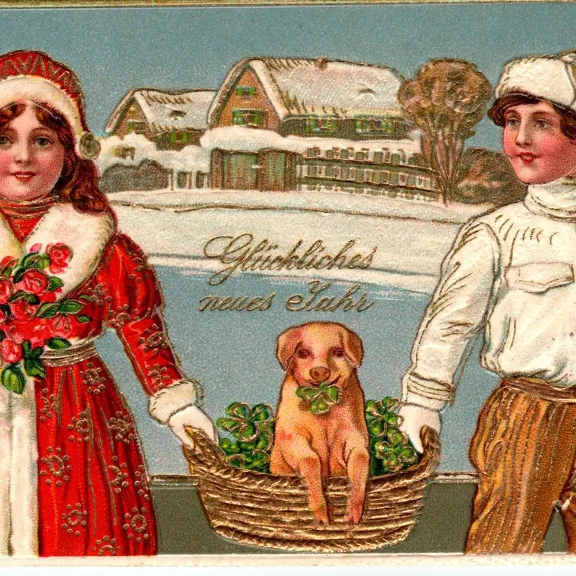 New Year Postcard Children Hold Puppy Dog In Basket Otto Schloss 1117 Embossed
