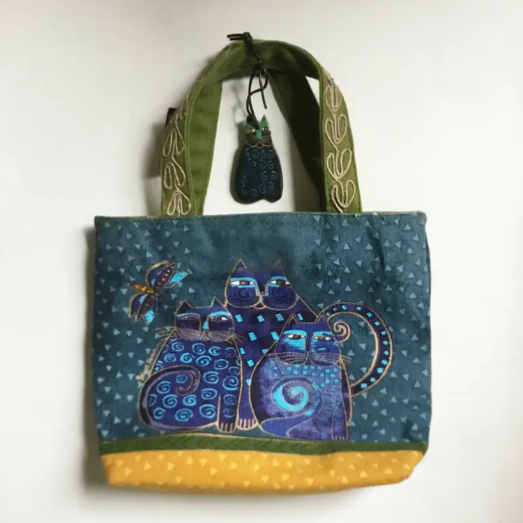 Laurel Burch Cat Blue Green & Yellow Small Mini Handbag Tote Bag & Charm