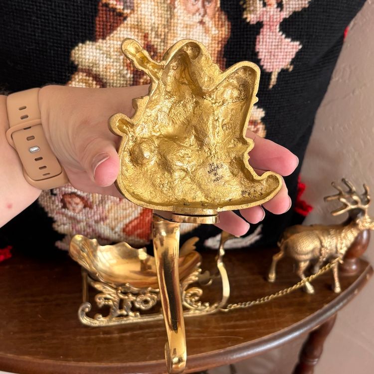 Vintage Solid Brass Santa in Sleigh Christmas Stocking Holder