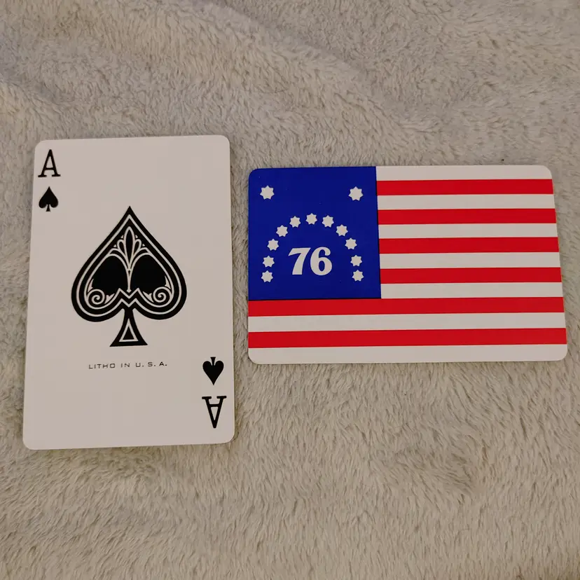 1 Single Swap Card - Playing Card. Mini Bennington flag card. Ace of Spades. Litho made in USA. Dimension 2.5 x 3.5. Read description.