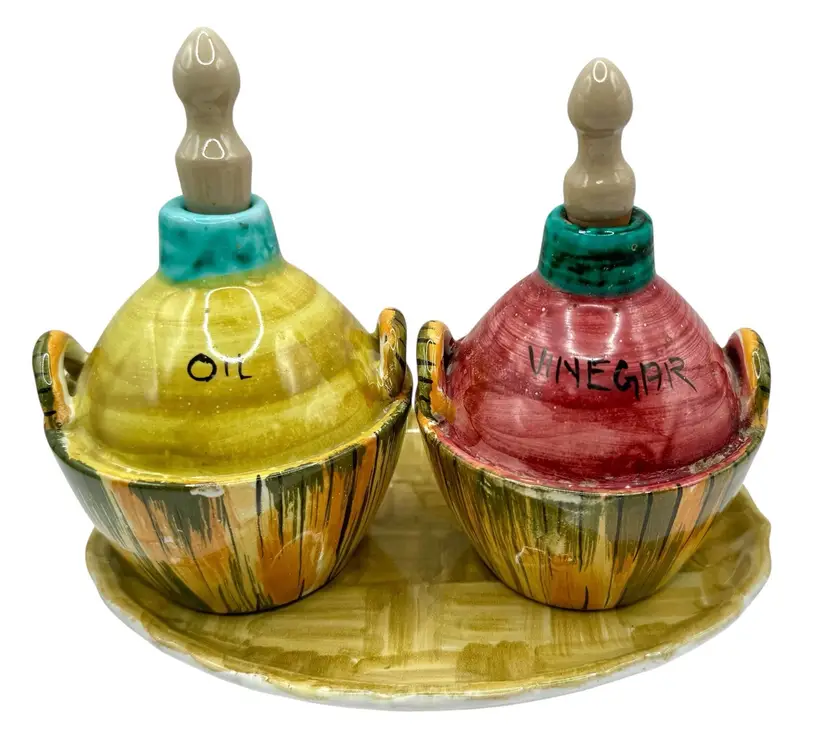 Vintage Italy Pottery Oil Vinegar Cruet Bottle Plate Tray Set Hand Painted 5.25”