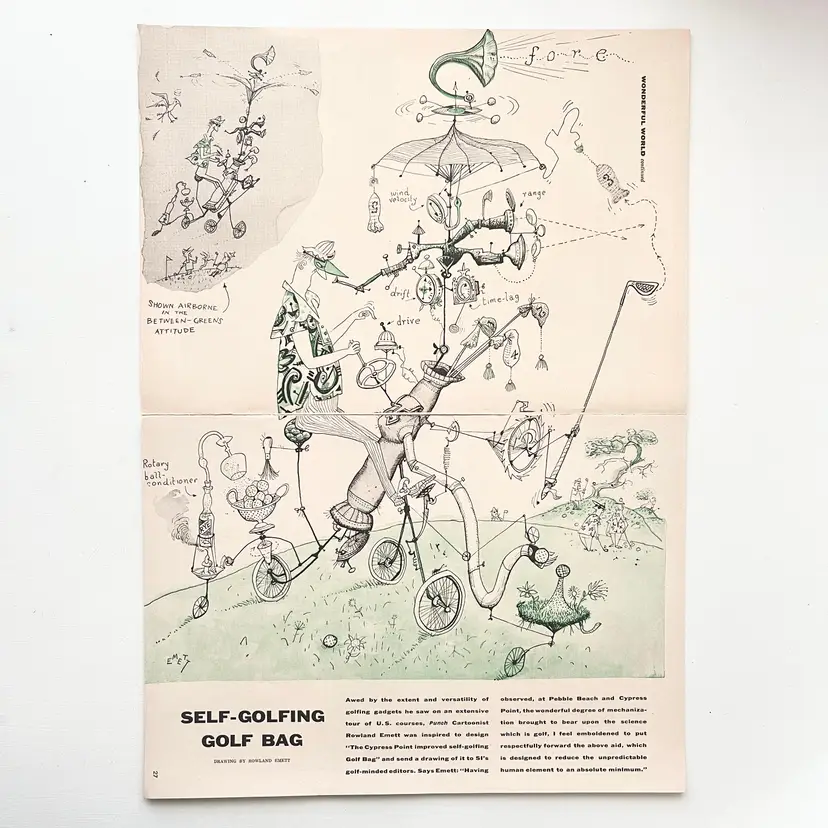 Golf Bag Vintage 1950s Original Print Ad Rowland Emett Cartoon Pebble Beach
