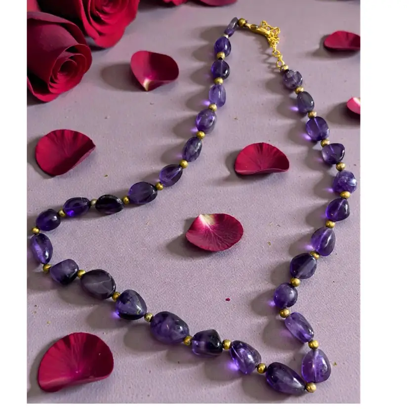 Vintage Natural Amethyst Stone & Gold Tone Beads Necklace 18”- February Birthday