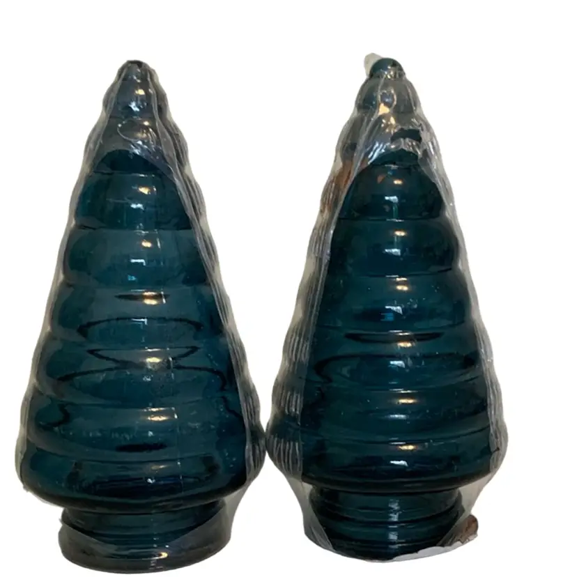 Blue Christmas Tree Shape Art Glass Figurines Lot Of 2