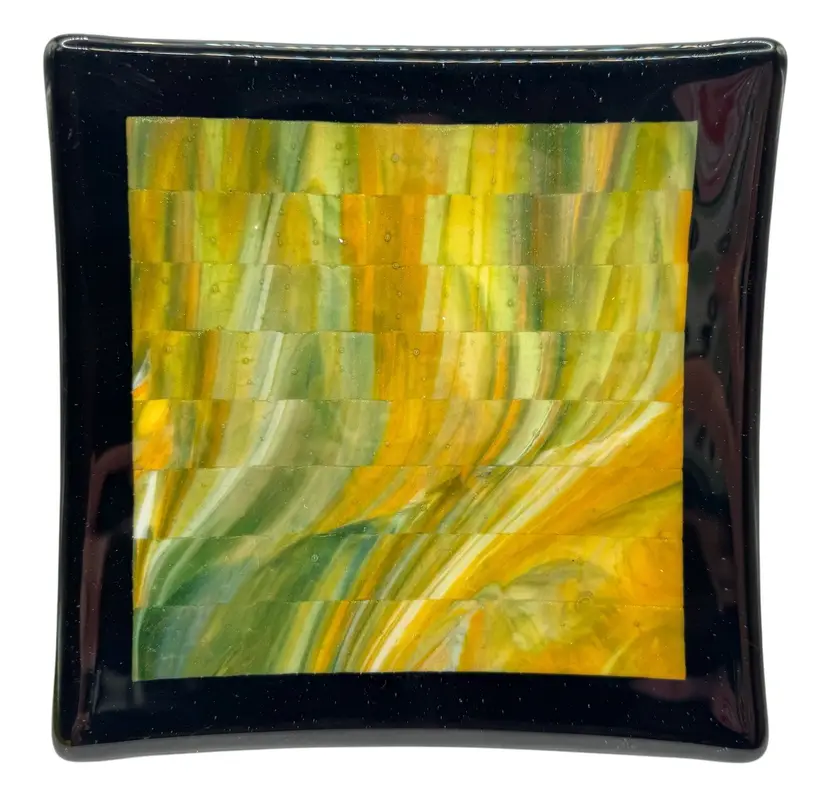 Signed TBG Fused Studio Art Glass Plate Tray Green Yellow Glitter Square 7.75”