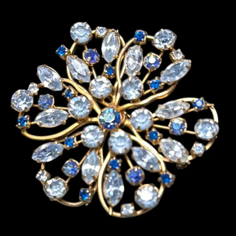 Vintage MCM Regency Blue Glass Prong Set Rhinestone GoldTone Flower Brooch, 2.5”