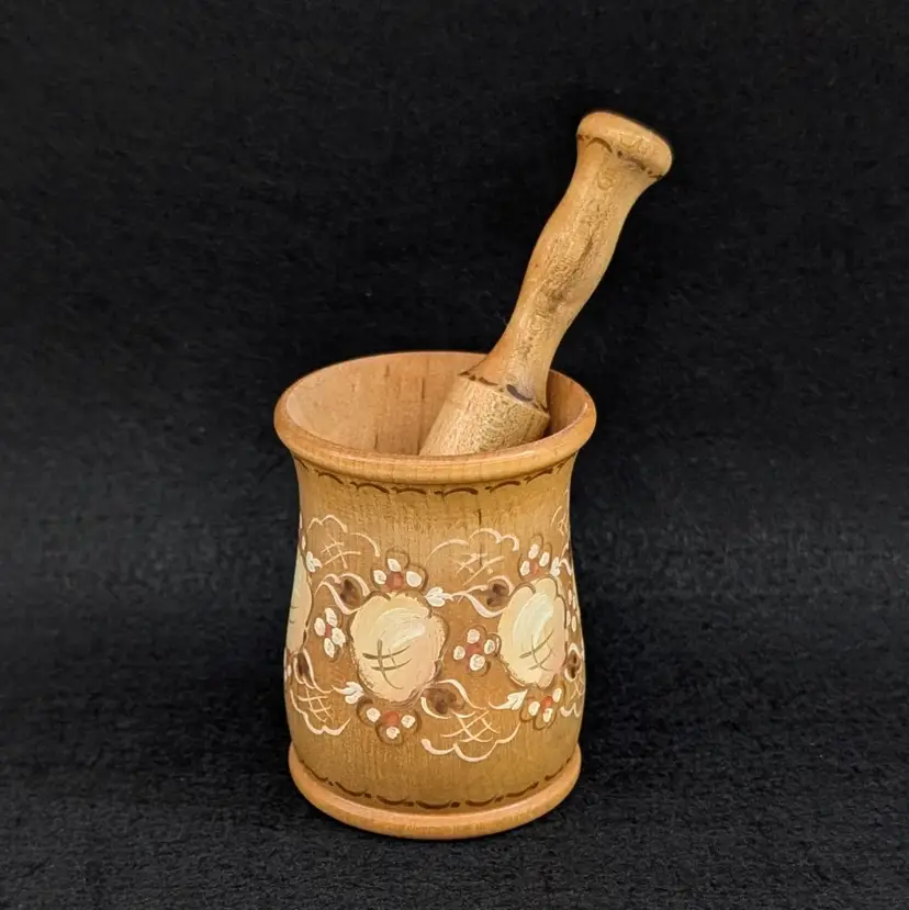 Vintage Wooden Mortar and Pestle Set with Hand Painted Flowers Turned Signed