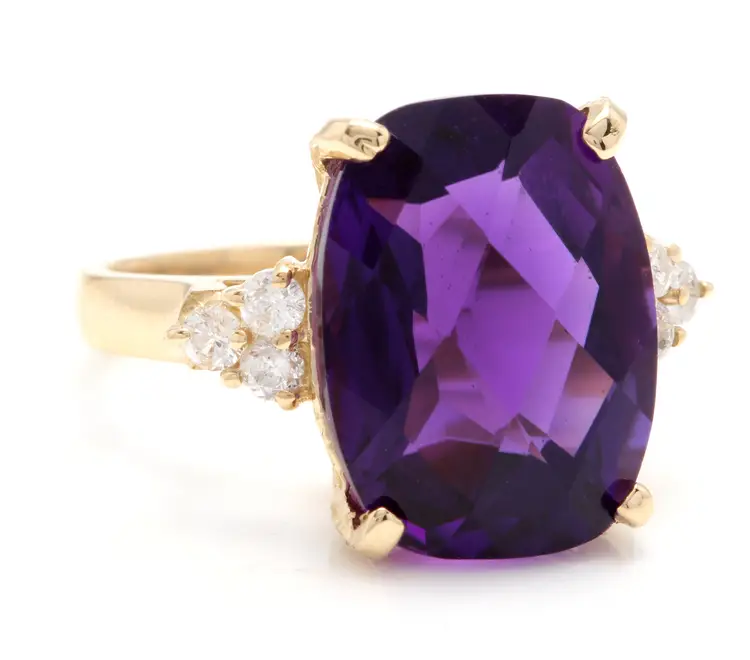  9.35Ct Natural Amethyst & Diamond 14K Solid Yellow Gold Ring