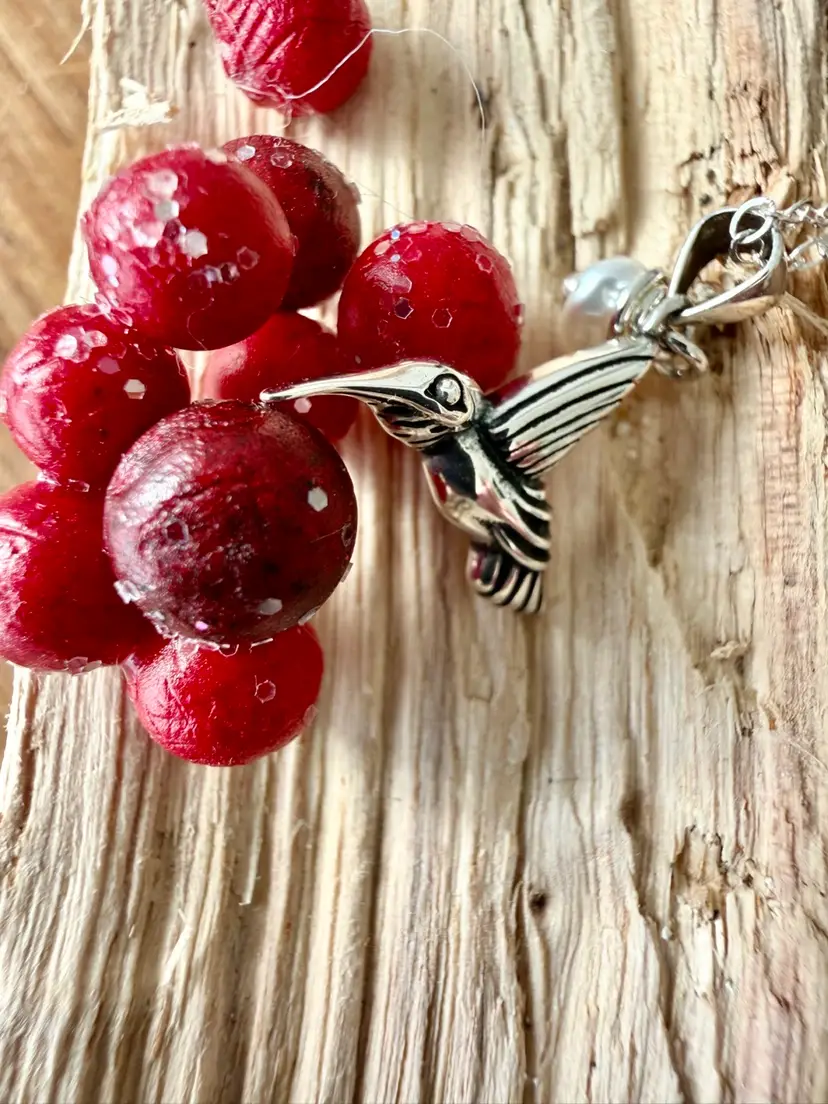 Dainty Silver Hummingbird Pendant With Pearl Drop On Minimalist Silver Chain Necklace