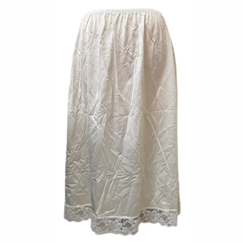 Lorraine Large Half Slip Skirt Beige Silky 100% Nylon Made USA Lace Trim Vintage