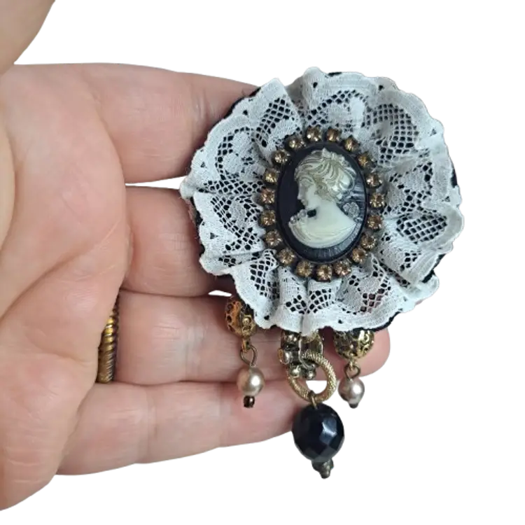 Cameo Brooch with Lace Detail and Dangles :)