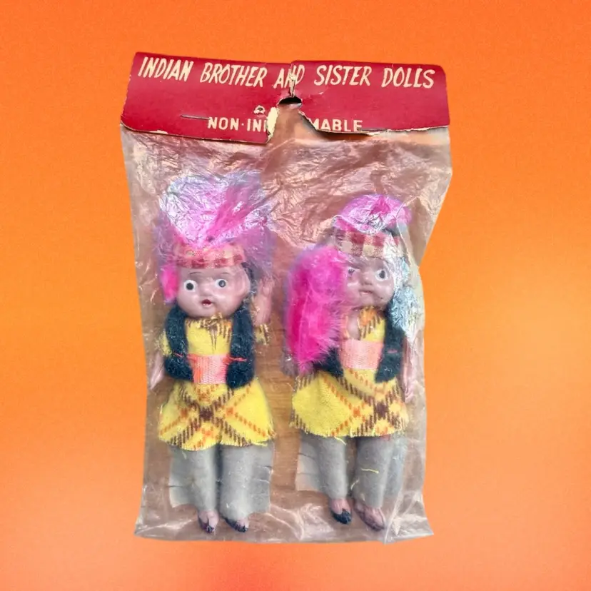 Vintage MCM Japan Native American Indian Brother & Sister Dolls in package, READ