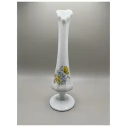 #05 - Vintage Signed Fenton Milk Glass Swung Bud Vase ~ Floral and Butterfly Design ~ Measures 8 inches tall