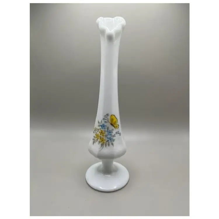 #04 - Vintage Signed Fenton Milk Glass Swung Bud Vase ~ Floral and Butterfly Design ~ Measures 8 inches tall