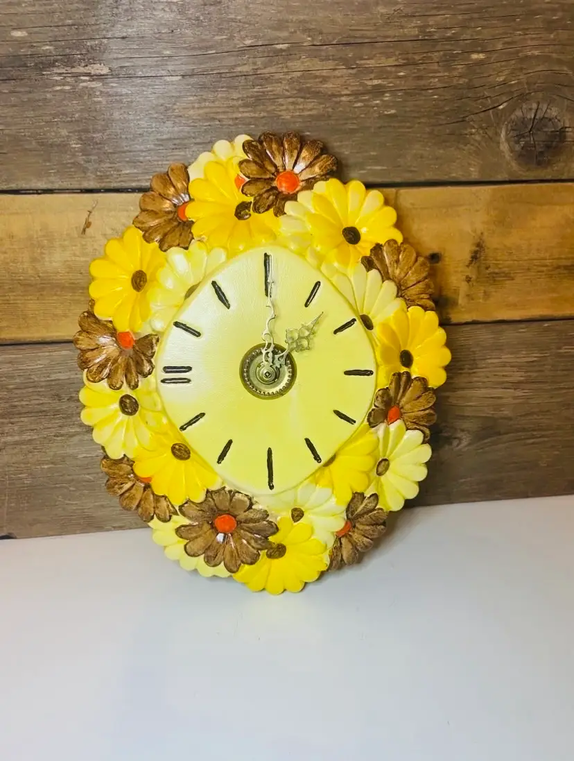 Vintage 1970s Hand Painted Ceramic Oval Wall Clock Floral Mid Century Modern CottageCore Country Retro