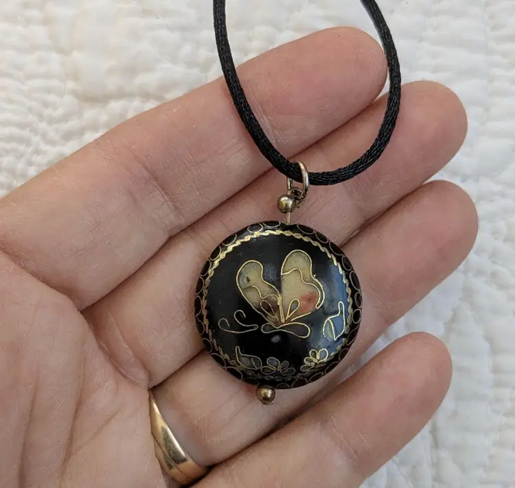 #01 - Vintage Cloisonne Necklace on Black Cord