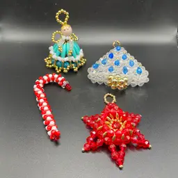 Handmade Beaded Christmas Ornaments Vintage Lot of 4 Angel Star Tree Candy Cane Kitsch Kitschy