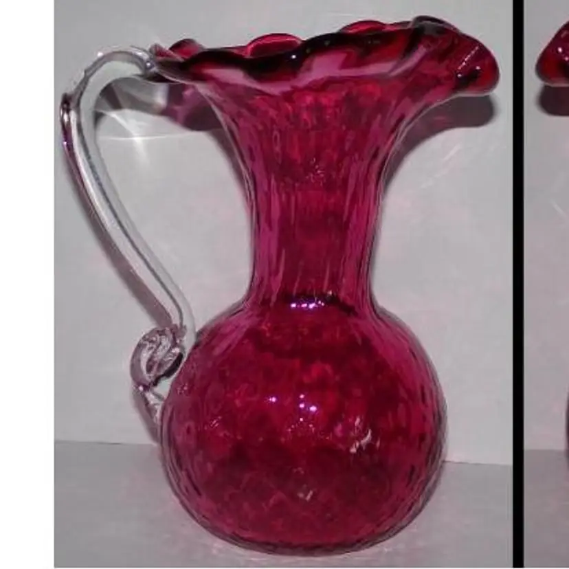 Vintage & Scarce, Hand Blown CRANBERRY GLASS Diamond Optic Pitcher w/Clear Applied Handle