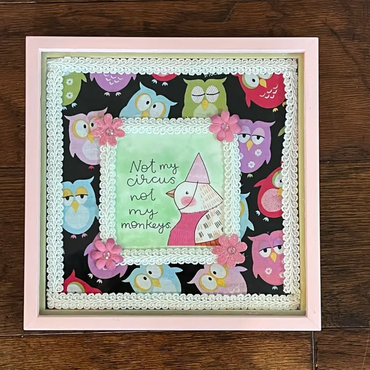 Owls Birds Monkeys “Not My Circus Not My Monkeys” Framed Wall Art - Upcycled - Made By Me