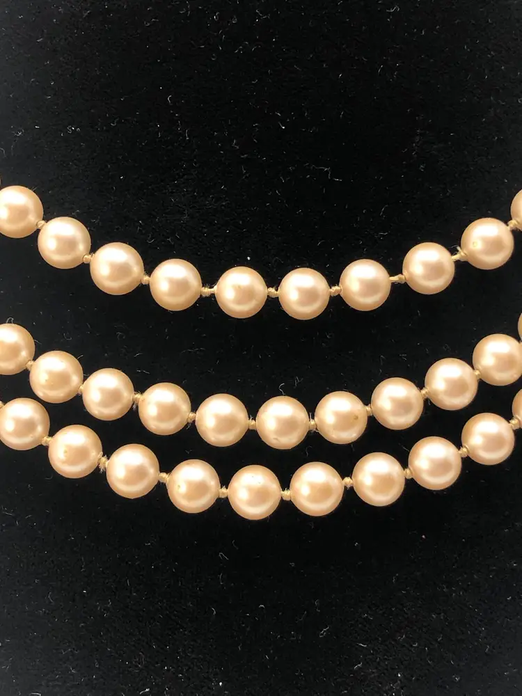 Vintage 56" Champagne Faux Pearl Necklace with Sterling Fishhook Clasp