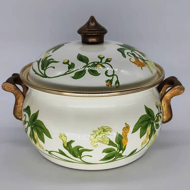 Vtg Asta Villeroy & Boch 7in Enamel Covered Casserole Dish Brass Hardware