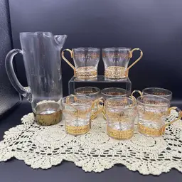 Vintage Libbey Greek Key Gold Trimmed Coffee Cups (8 Count) with Holders And MCM Glass Pitcher With Gold Base