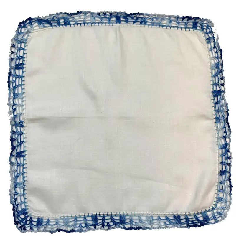 Linen Handkerchief Blue Variegated Lace Edge Crochet Vintage Granny Core Cottage