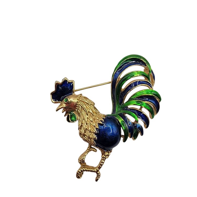 Signed Gerry's Blue Green Enameled Gold Tone Rooster Brooch Pin VTG