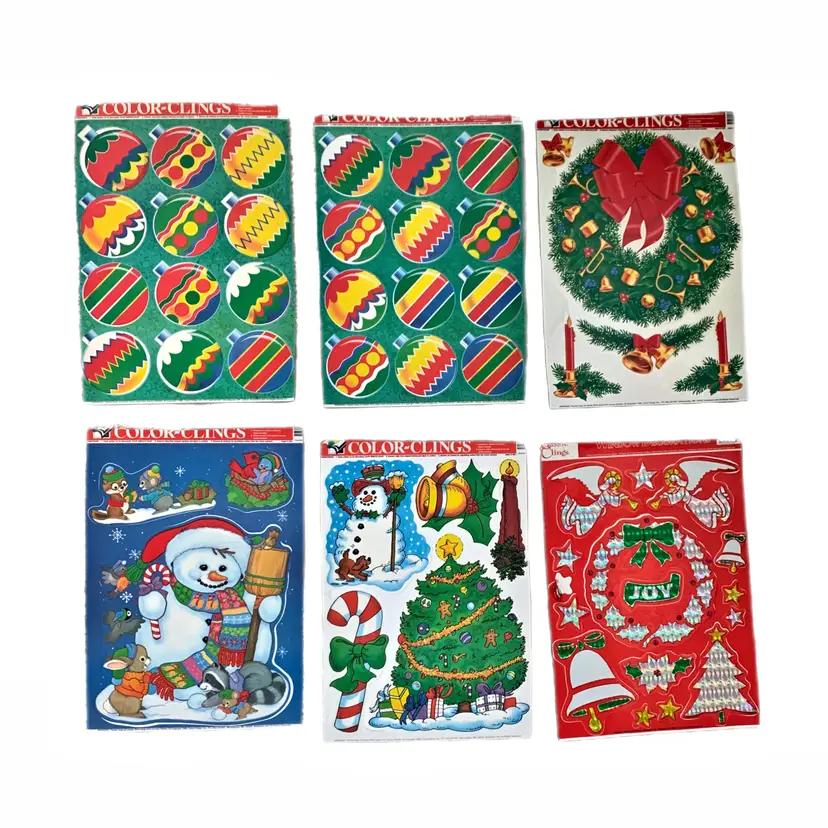 Christmas Window Color Clings Set 6 Decoration Holiday Snowman Wreath 90s Vintage