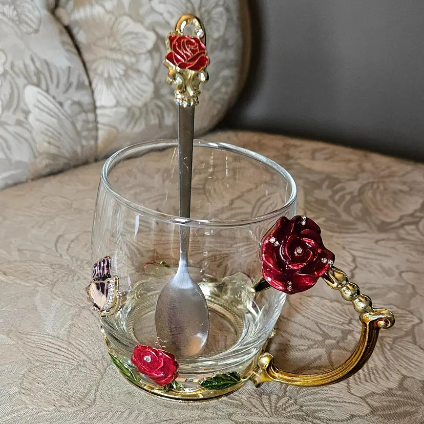 ARC Glass Mug Cup with Metal Red Roses & Butterfly and Spoon