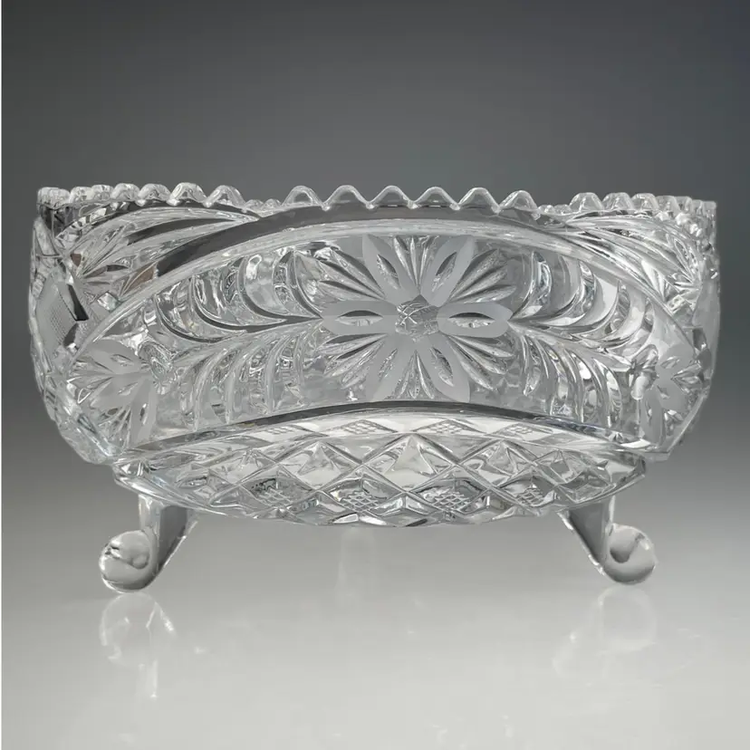 Imperlux West Germany Hand Cut Led Crystal 3 Footed Bowl Sawtooth Edge Vintage 8.25"