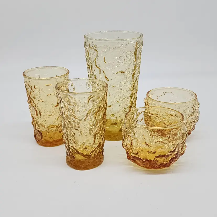 Anchor Hocking Textured Amber Glass Tumbler Juice and Roly Poly Glass VTG 5 Glasses