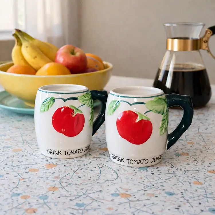 Vintage 1940's Tomato Juice Mugs Set of 2 “Drink Tomato Juice” Ceramic Cups Made In Japan