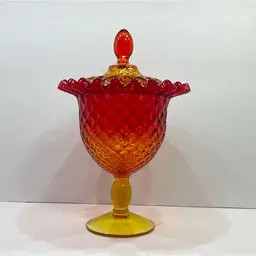 Viking Yesteryear Amberina VTG Pressed Glass Covered Pineapple Compote with Lid