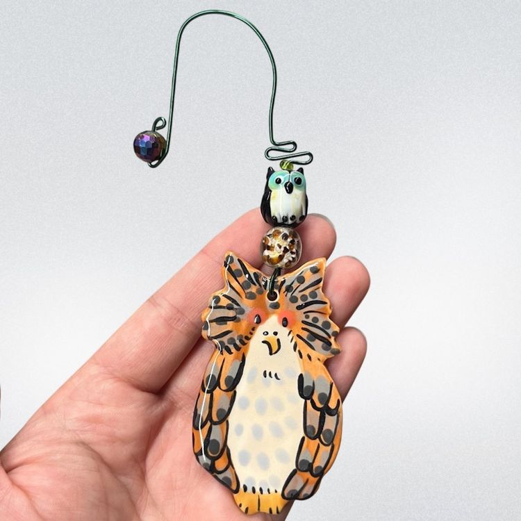 Art Pottery Owl Ornament With Lampwork Glass Owl Bead, Ceramic Owl Wall Art, Handmade Ceramic Owl Ornament With Glass Beads