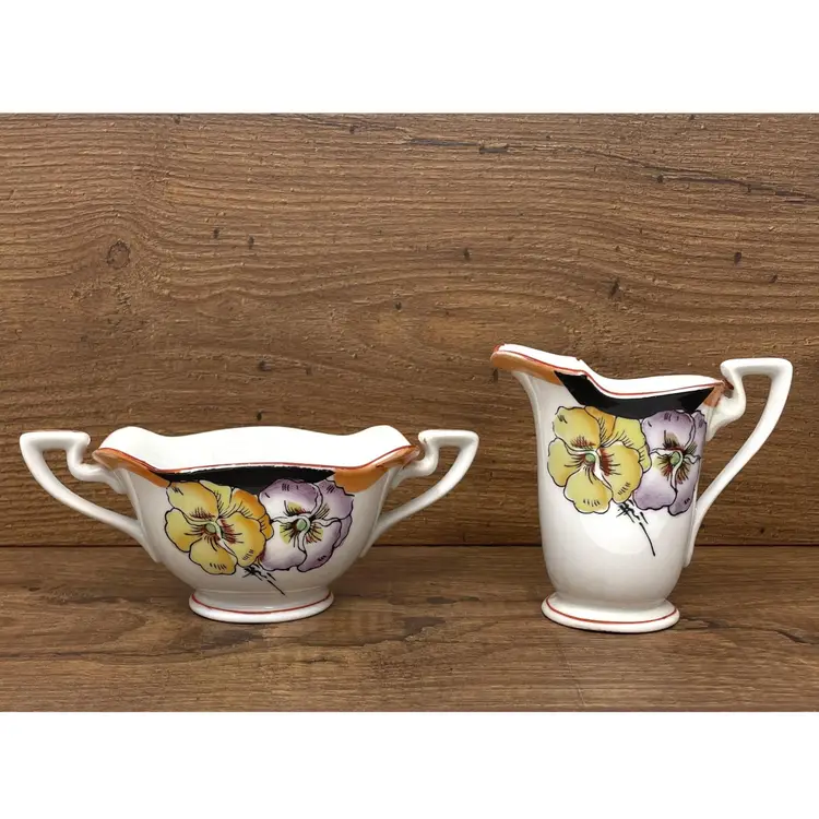 Vintage Japan Hand Painted Ceramic
Pansy Creamer and Open Sugar Set