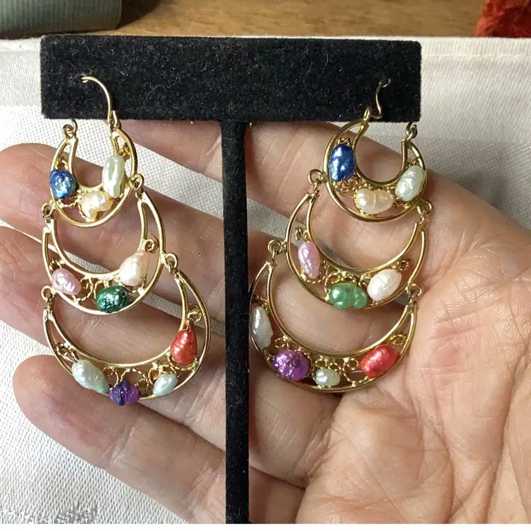 Vintage 90s Handmade Mexican Gold Plated Earrings With Dyed Multicolor Fresh Water Pearls 2”