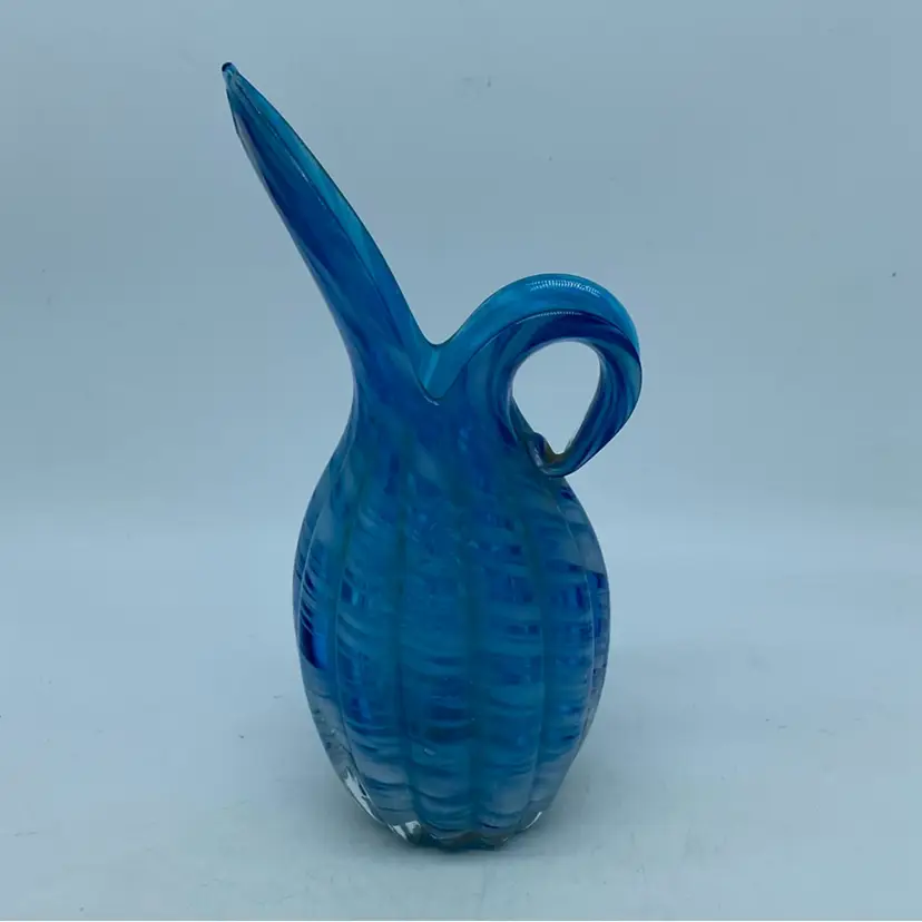 #0212 Lefton Glass Blue White Swirl Art Glass Tall Spout Jug Pitcher 7.5”