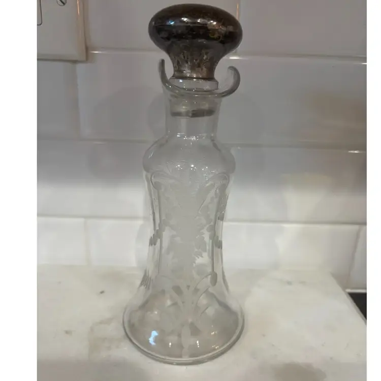 Hawkes  Oil/Vinegar Cruet W/Sterling Top Etched Flowers