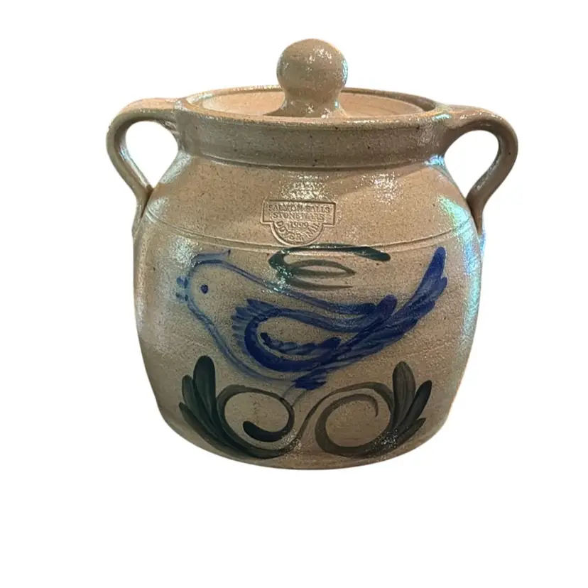 Salmon Falls 1999 Don Hains Signed Bird Lidded Double Handled Crock - 10” - Rare